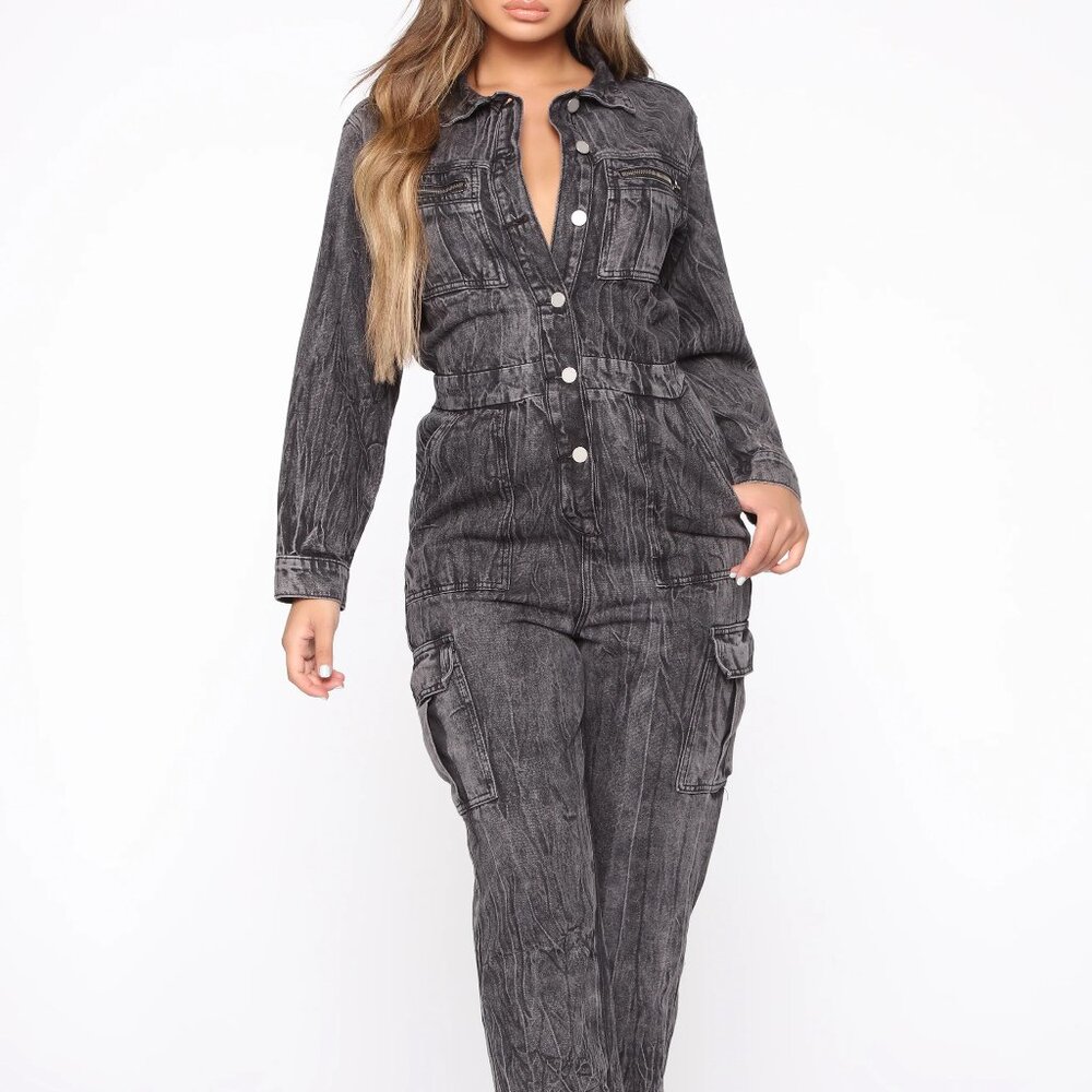 Acid Wash Black Denim Jumpsuit Utility Washed Up Small by Fashion Nova